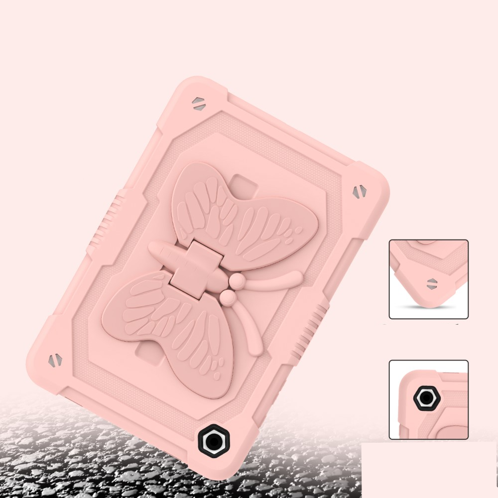 Samsung Galaxy Tab A9  Plus 2in1 Hybrid Outdoor Silikon Case Hülle mit Schmetterling Kickstand und Schultergurt - Rosa