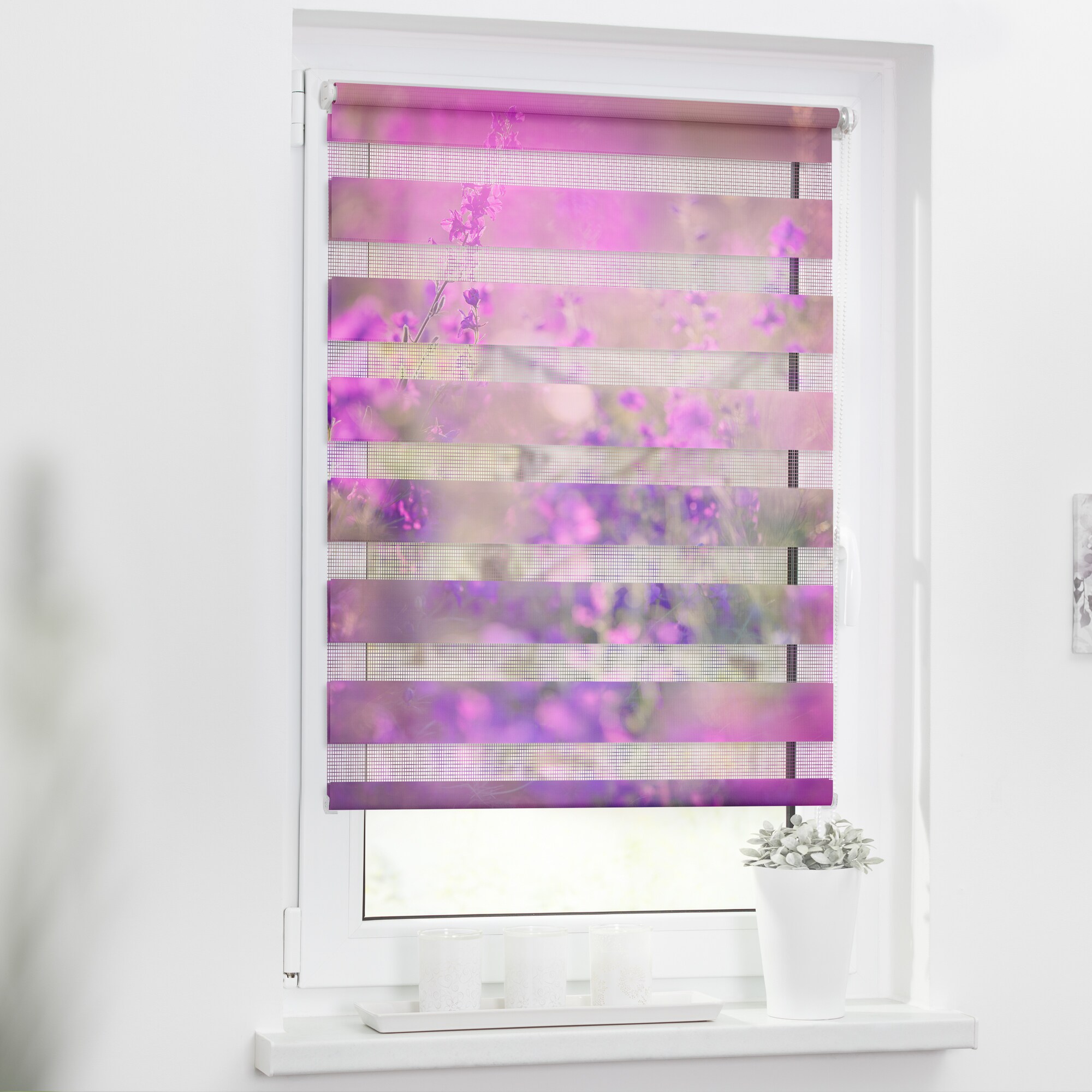 Lichtblick Duo Rollo Klemmfix, ohne Bohren, blickdicht, Blumenwiese - Fuchsia Violett