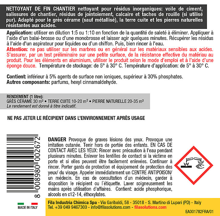 Nettoyant fin de chantier intérieur extérieur Fila 1L