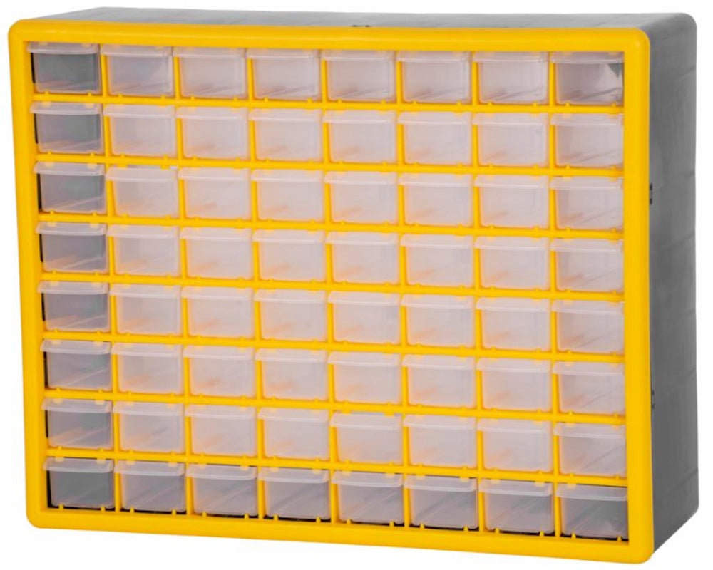 PROREGAL Cosimo opbergkast voor kleine onderdelen met 64 laden, grijs/geel, HxBxD 39 x 50 x 16 cm, plank voor kleine onderdelen, assortimentsdozen, plank voor assortimentskisten