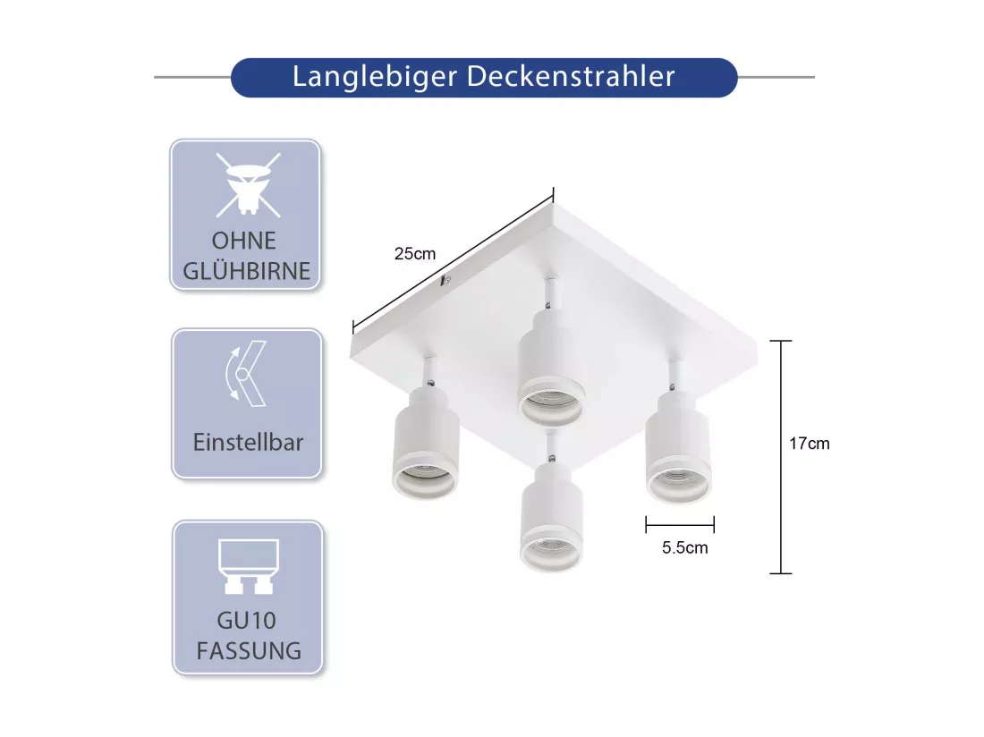 NETTLIFE Plafonnier LED 4 Spots de plafond : modèles carrés plafonnier Blanc Spot mural orientable GU10 intérieur métal, sans ampoule
