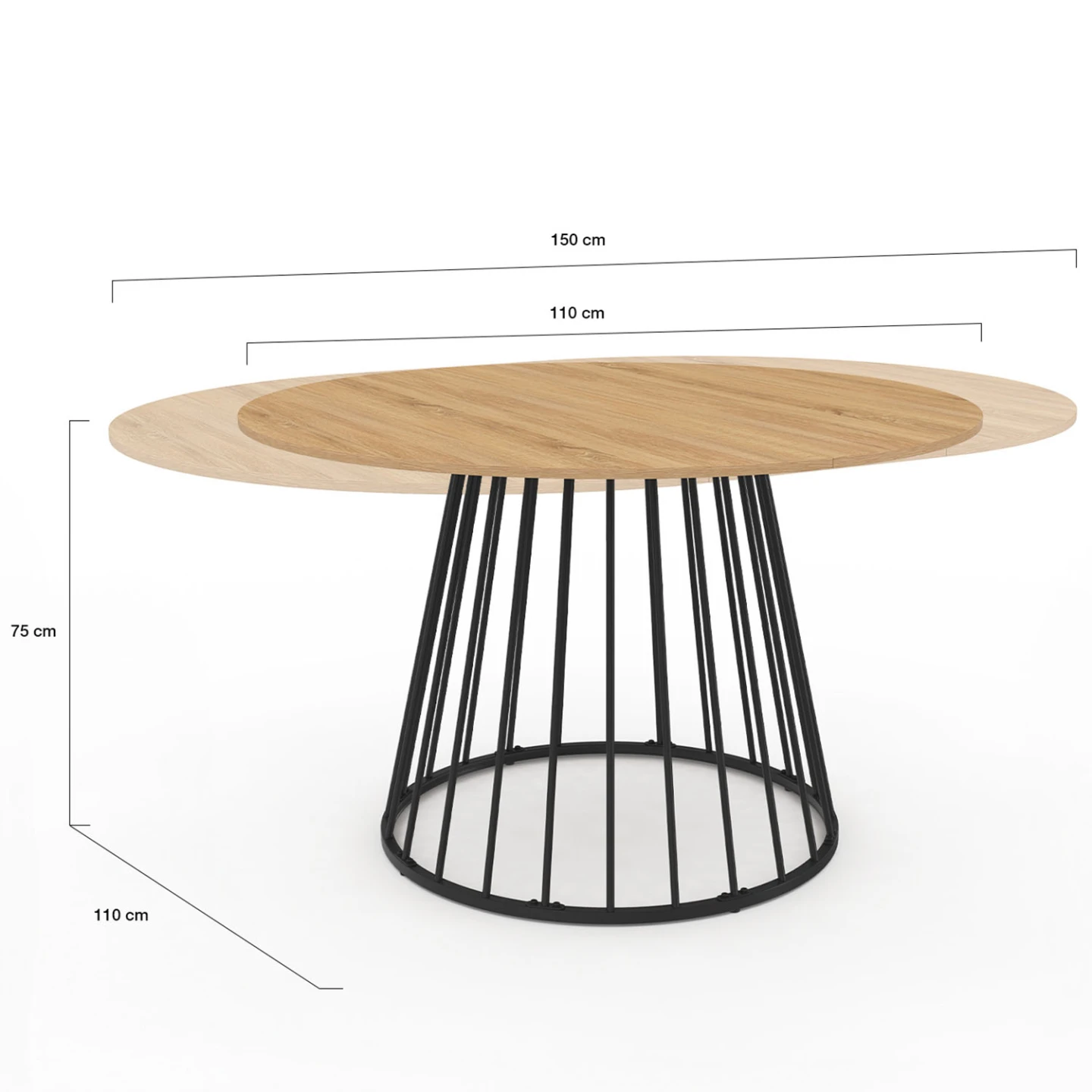 Table à manger extensible ronde YUNA 4-8 pers plateau bois et pied filaire en métal 110 - 150 cm