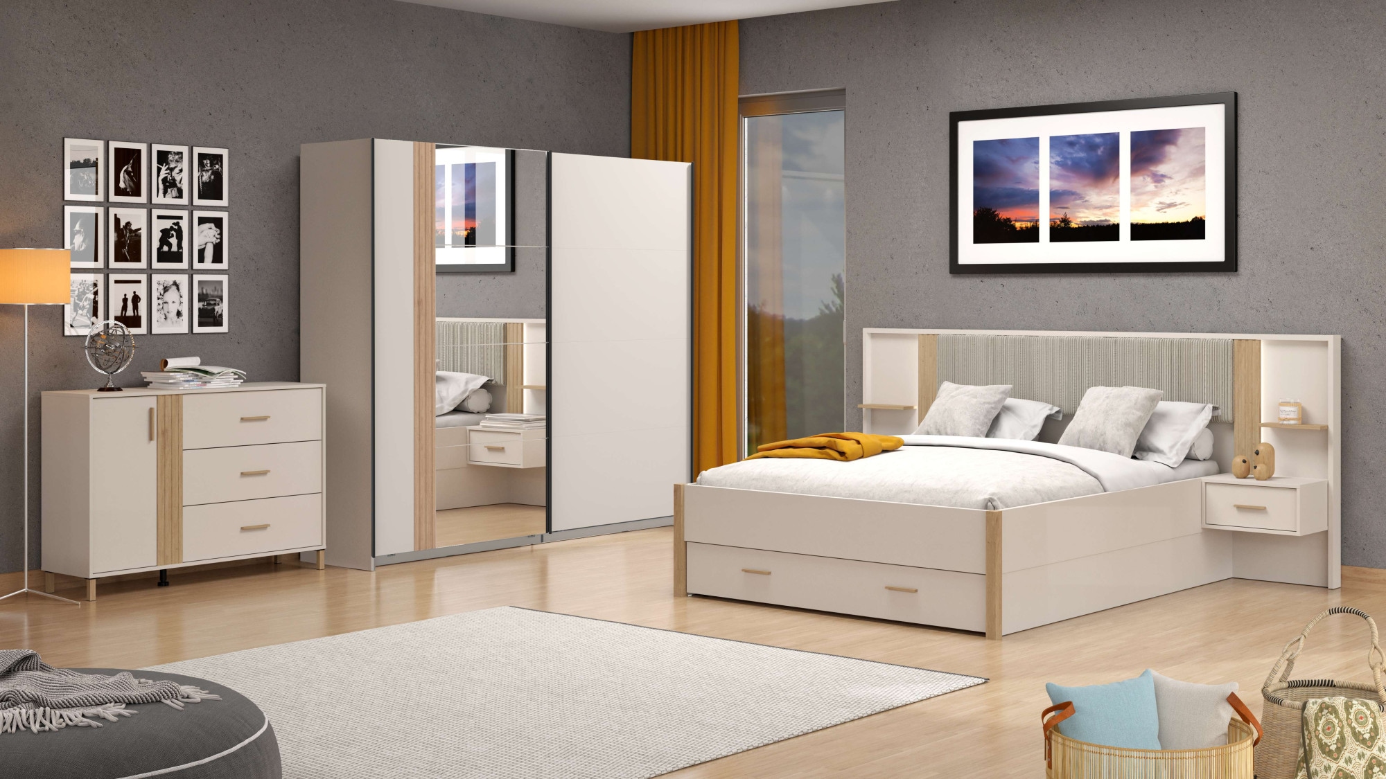 Home affaire Bett »Belfort Bettanlage, mit gepolstertem Kopfteil, weicher Cordstoff« Set, Bett und 2 Wandpaneele mit Nachtkommoden, 3 Stk. tlg. Liegefläche 160x200cm, FSC®-zertifizierter Holzwerkstoff