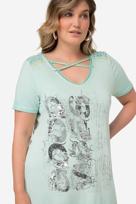 T-Shirt, V-Ausschnitt mit Zierbändern, Halbarm, Saum zum Binden
