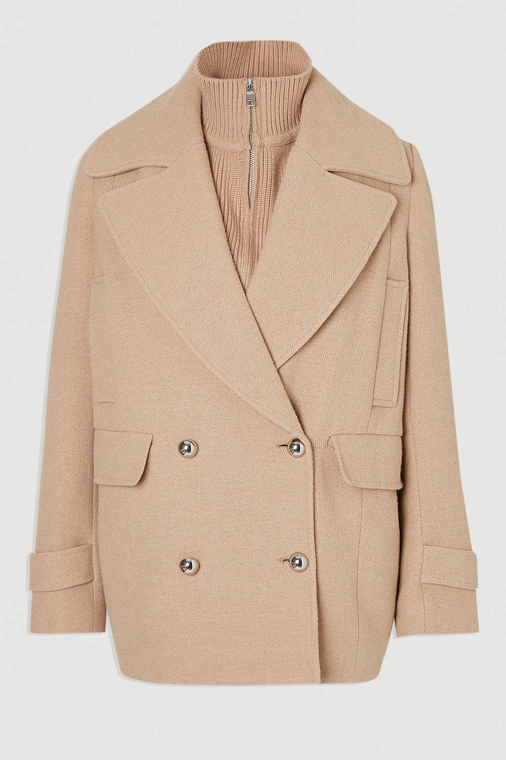KarenMillen Caban Croisé Ajusté en Laine avec Col Tricoté Amovible