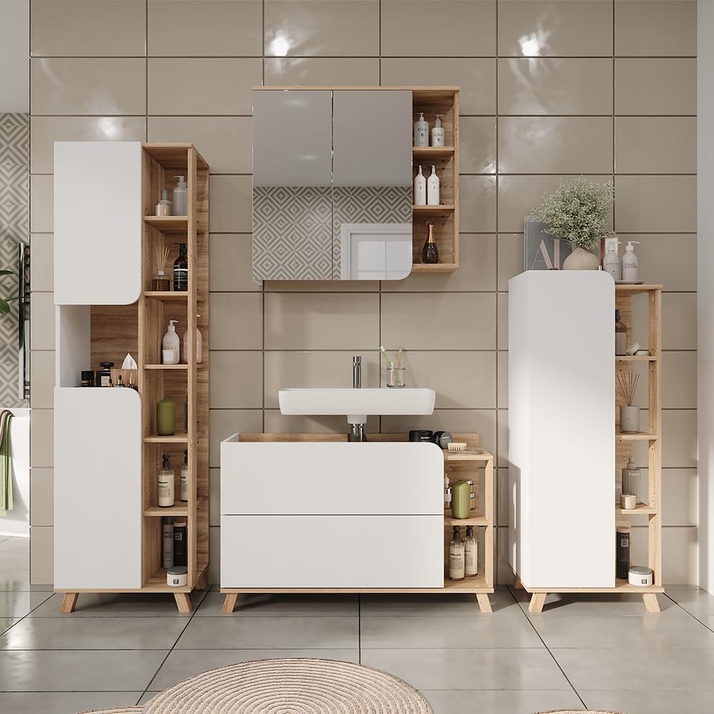 Vicco Waschbeckenunterschrank Sonoma/Weiß Karen 100x65x35 cm - Unterschrank für das Badezimmer, Übersichtliche Aufbewahrung durch großzügige Schublade