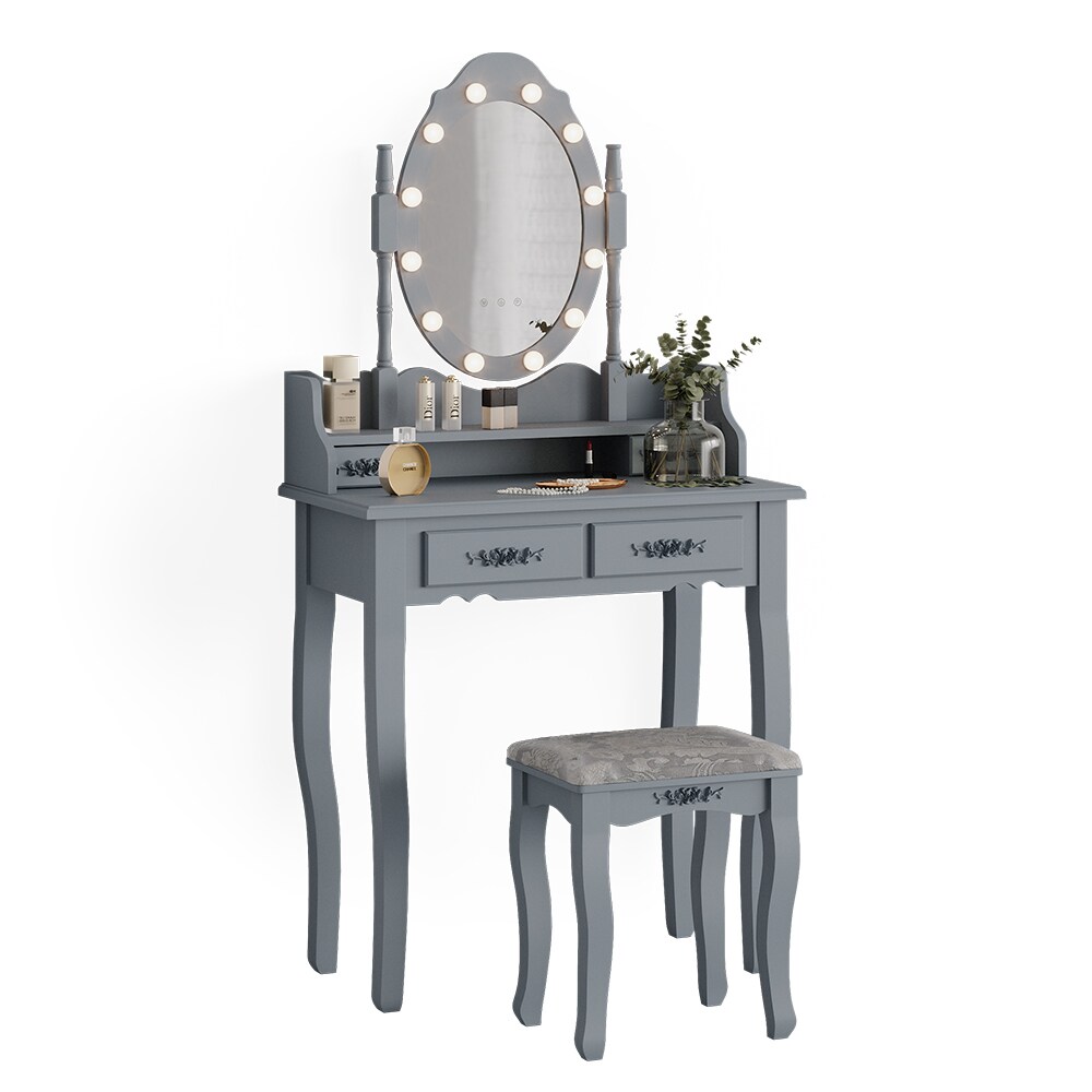 Vicco Schminktisch Frisiertisch Kosmetiktisch Maggie Grau Schminkspiegel Hocker 75x147 Barock LED Beleuchtung Schlafzimmerkommode Schminkkommode Schublade Aufbewahrung Frisierkommode Make-Up-Tisch
