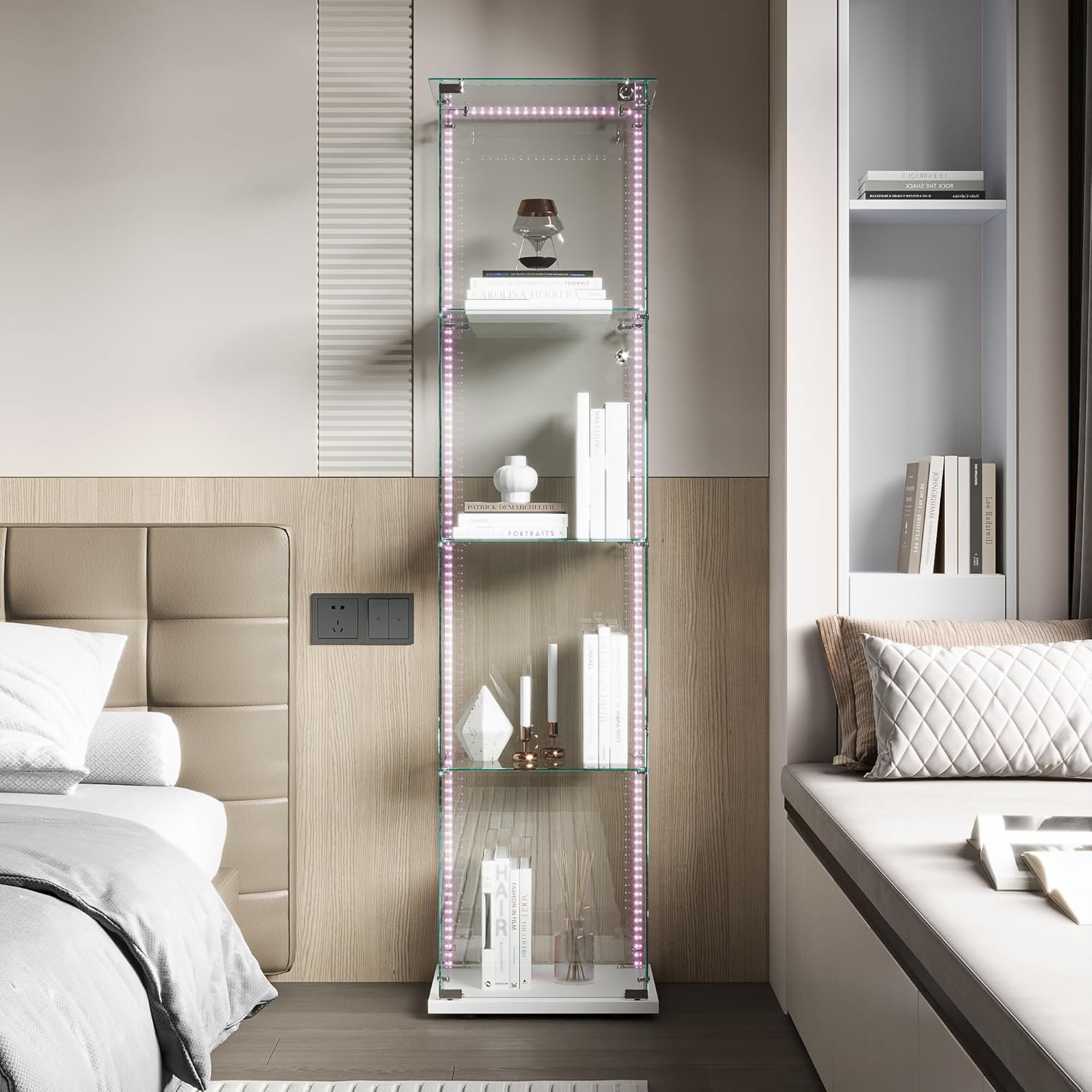 Vitrine für Sammlungen, groß, Glasvitrine mit Licht, 163 x 35 x 39,8 cm, Vitrine mit LED, 1 Türen, 4 Einlegeböden, transparent (1 Tür, 4 Etagen, Weiß B)