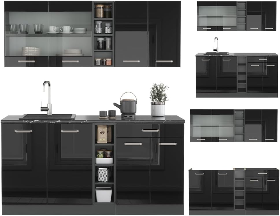 Vicco Singleküche R-Line, Schwarz Hochglanz/Anthrazit, 160 cm ohne Arbeitsplatte