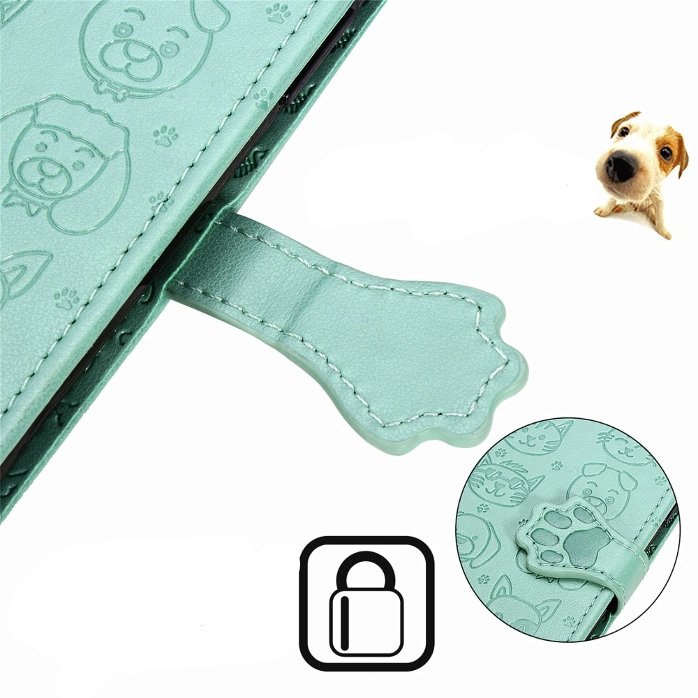 iPhone SE (2022/2020) / 8 / 7 / 6S Leder Tasche Flip Cover Hunde & Katzen Imprint - Türkis