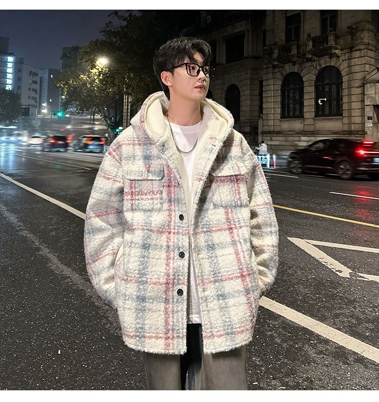 KimKlose - Oversized jas met capuchon en geruite knoopsluiting en verlaagde schouders
