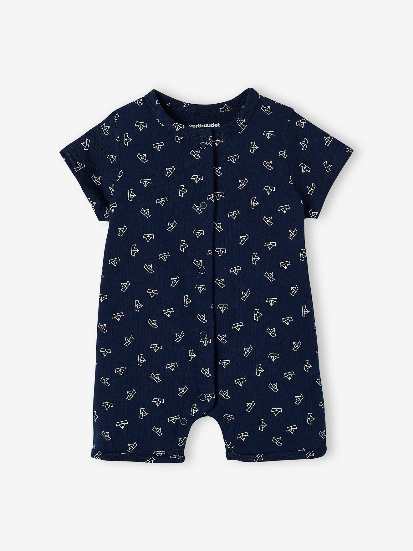 Conjunto com 2 pijamas curtos para bebê menino, modelo body, em dois tons de branco claro/multicolorido, com certificação Oeko-Tex®.
