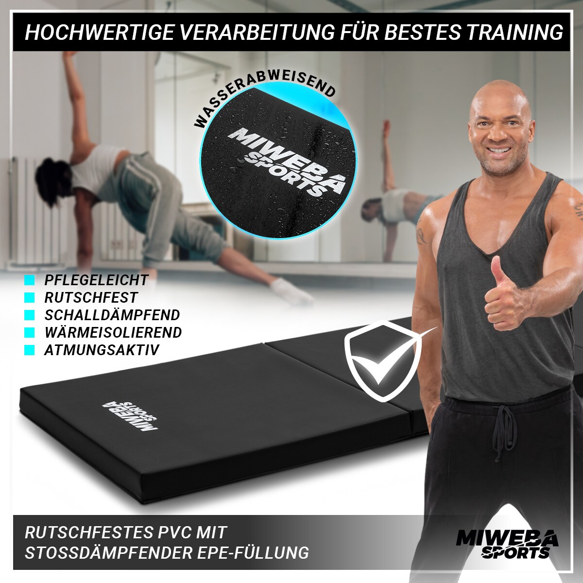 Miweba Sports Gymnastikmatte GM100, faltbar, rutschfest, Turnmatte für zuhause, Tragegriffe, PVC (Schwarz)
