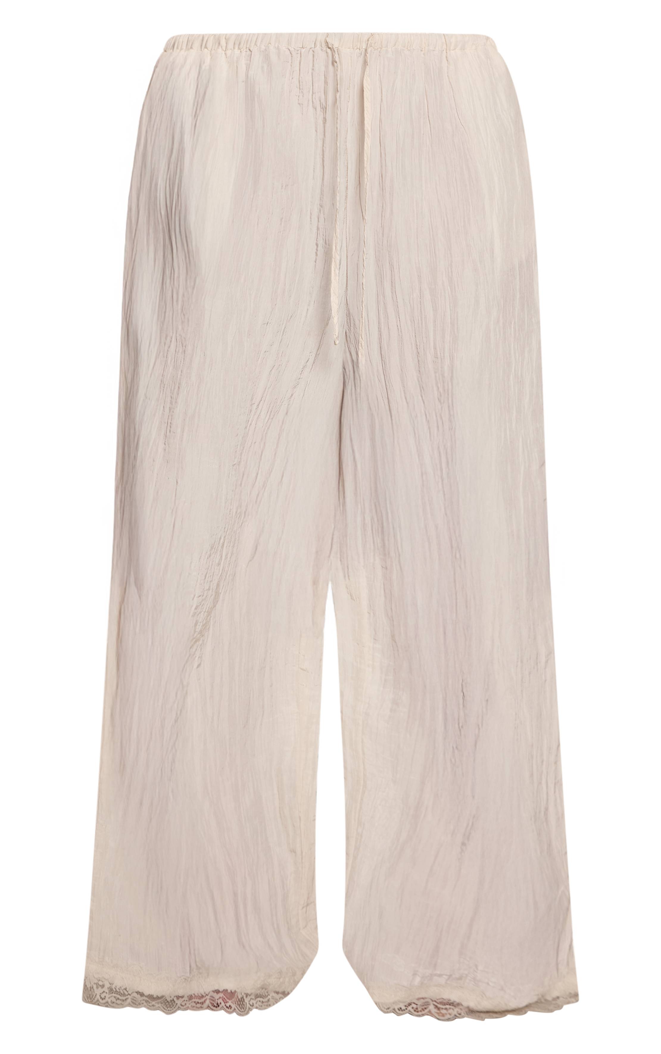 Crème Pantalon Grande Taille En Satin Texturé Avec Bordure En Dentelle