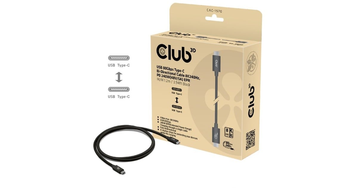 Club 3DUSB-C 80Gbps Certified 240W 8k 240Hz kabel  (Zwart, 1.2m)