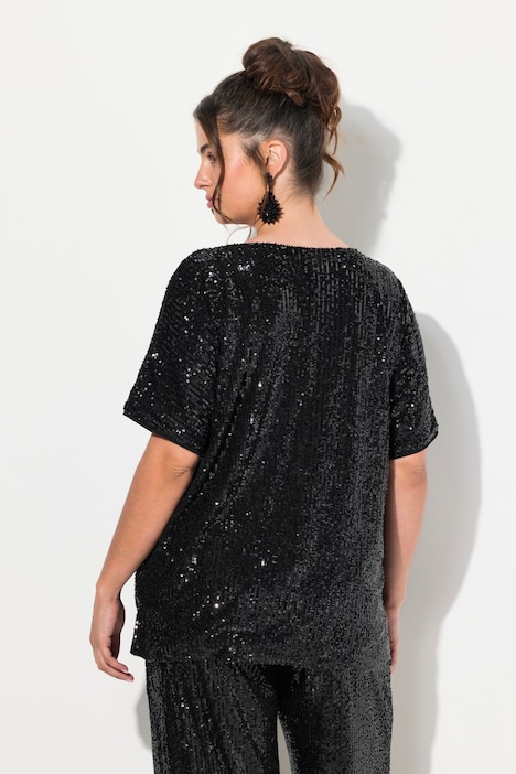 Pailletten-Shirt, Oversized, V-Ausschnitt, Halbarm