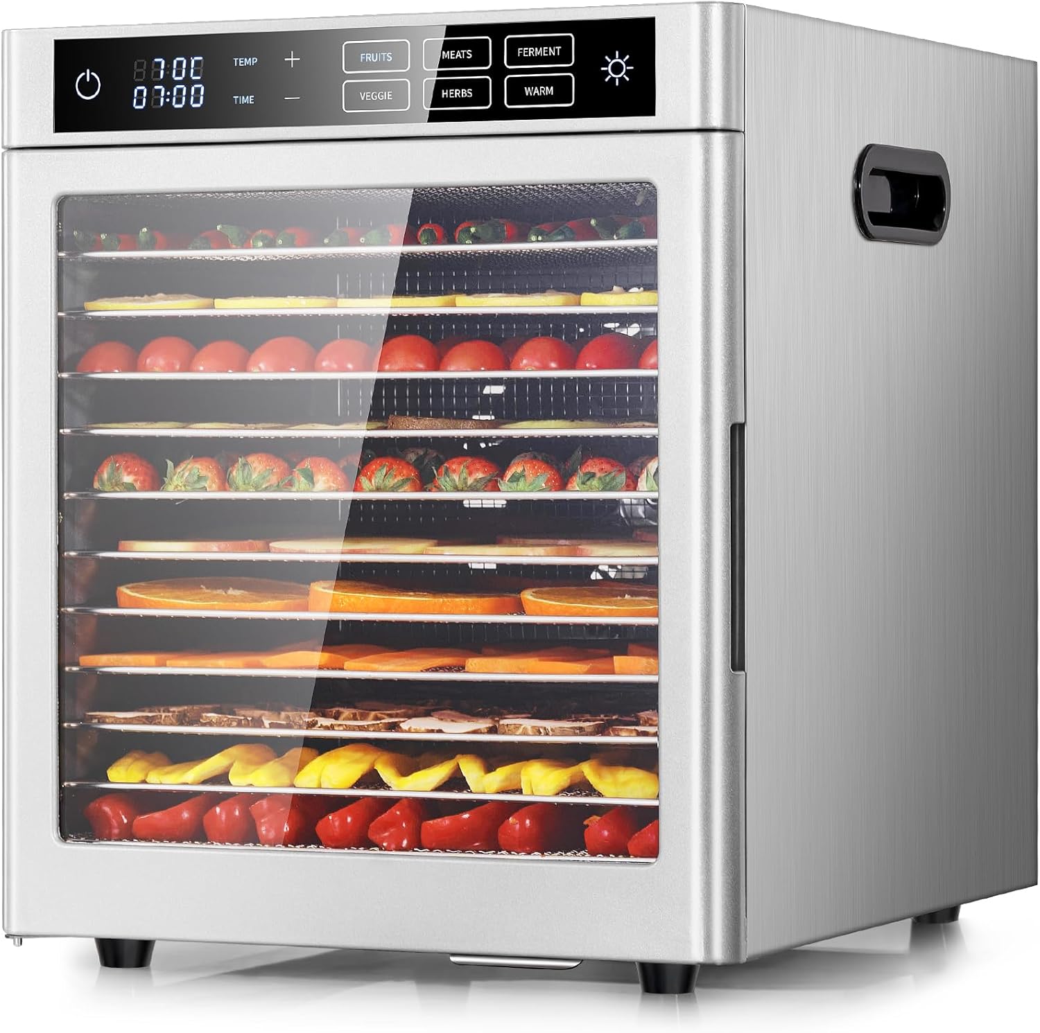 Kwasyo Dörrautomat 12 Etagen Edelstahl, 6 Voreinstellungen für Früchte, Gemüse, Fleisch, Blumen, 85°C Temperaturregelung, 24 Timer, 800W Dörrautomat, Rezept inklusive
