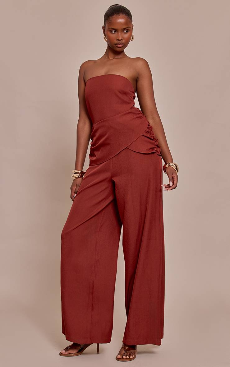 Orange Brûlé Combinaison Pantalon Large Drapée À Bandeau En Tissu Tissé Kaki Clair
