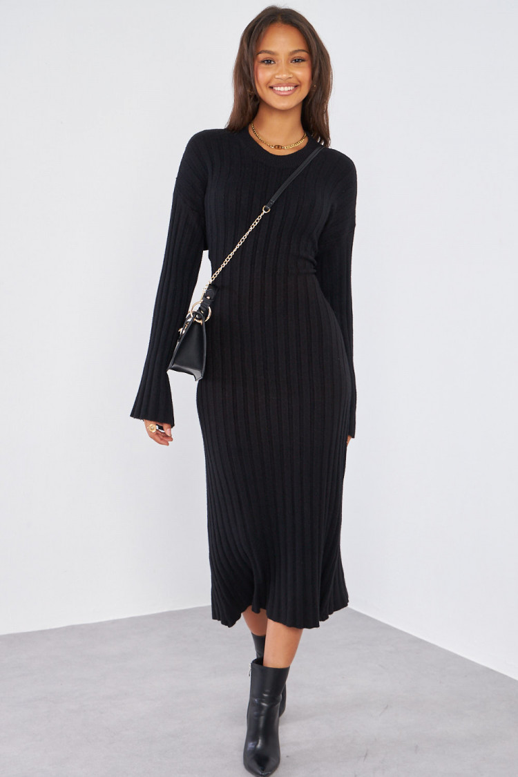 Robe noire moulante longue côtelée