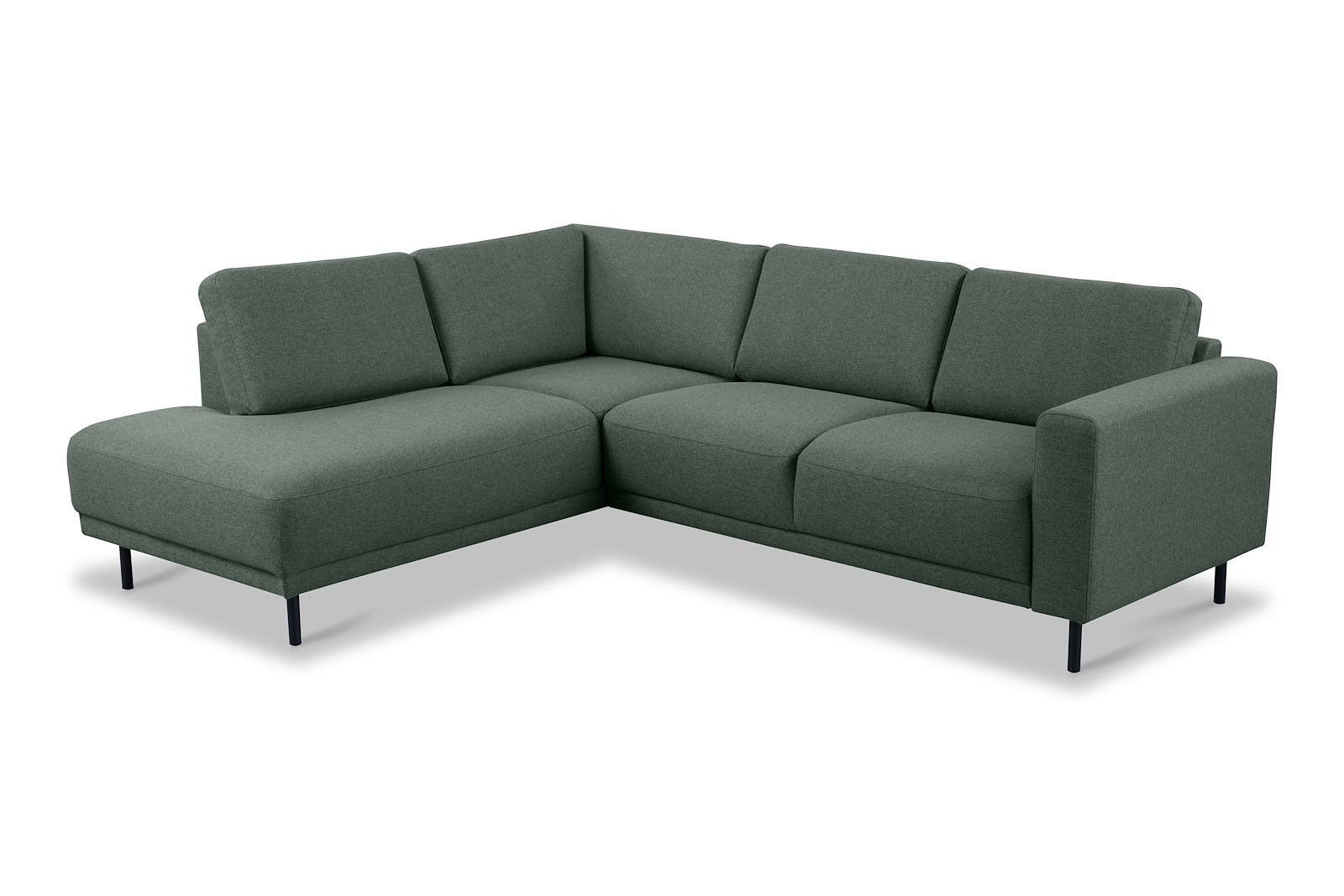 Portland hjørnesofa 2-seter med åpen ende venstre. Tekstil Herby 10 Green med sorte ben