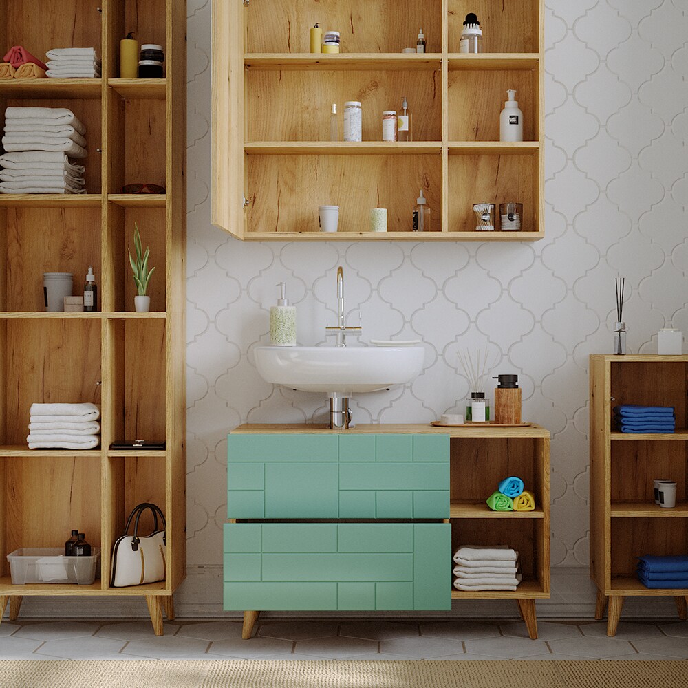 Vicco Badmöbel-Set Rudi in Eiche Evoke Mintgrün, Badezimmer, moderne Badserie Waschbeckenunterschrank Spiegelschrank Hochschrank Midischrank