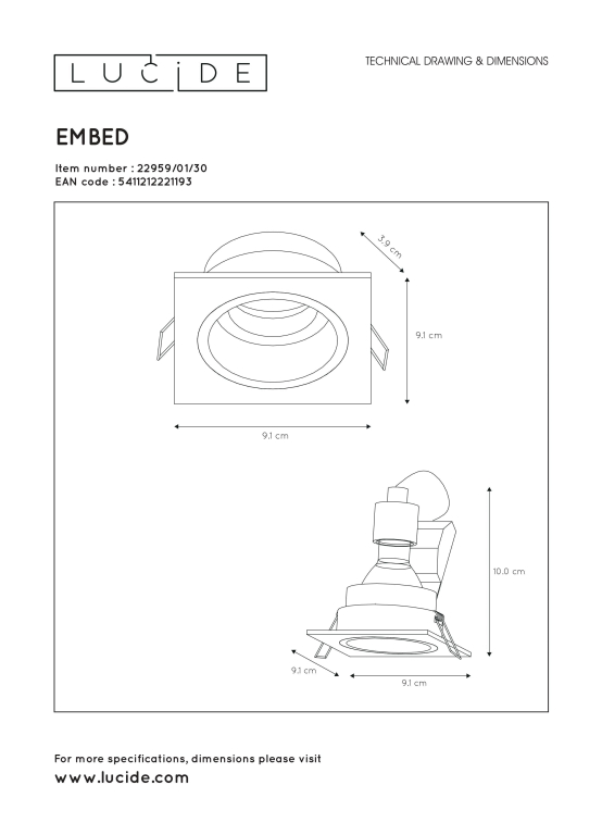 Lucide Embed 1 spot inbouw vierkant zwart