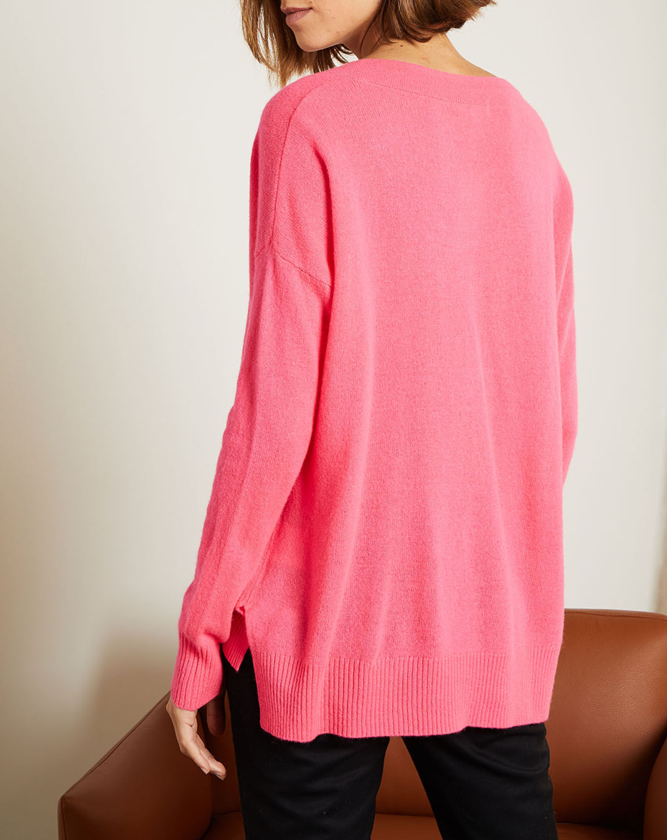 Miss Cashmere Pull ample 100% Cachemire Iris Col V rose fluo