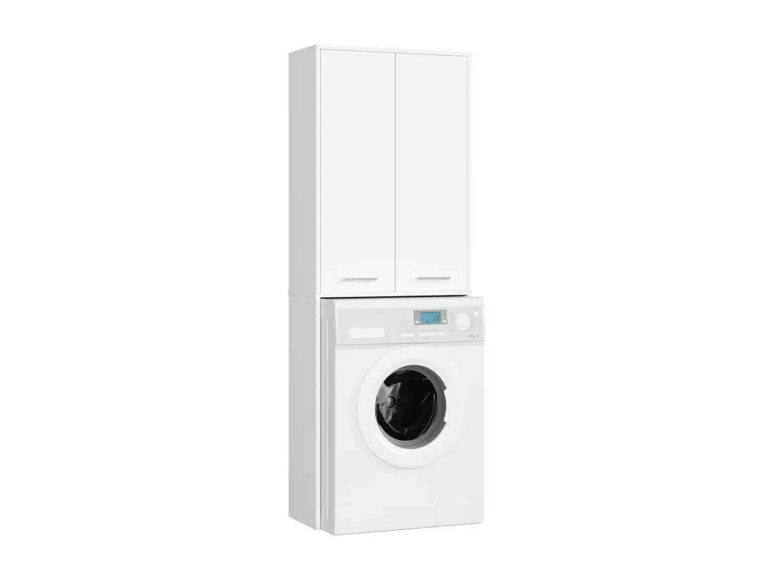 Meuble pour machine à laver FIN Blanche 64 cm 2 portes façade Blanche 4 étagères 64x30x180 cm