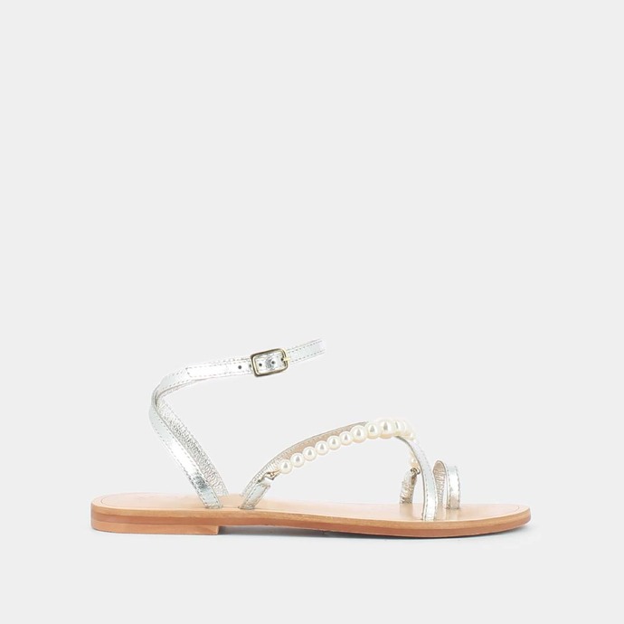 Sandales à brides et perles  en cuir métallisé argent