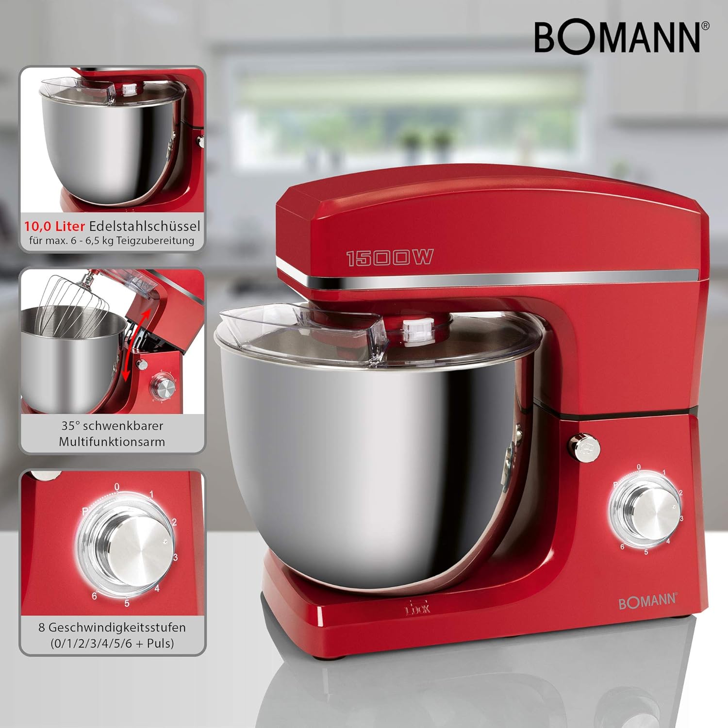 Bomann KM 6036 CB Robot pétrisseur 1500 W 8 vitesses Bol en acier inoxydable 10 l Capacité max. 6-6,5 kg Couvercle anti-éclaboussures avec ouverture de recharge Titane