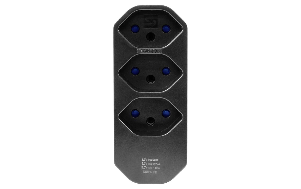 Mehrfachstecker 3 x T13, drehbar 320°, SchwarzMehrfachadapter Mantra mit 1 x USB-C Power Delivery
