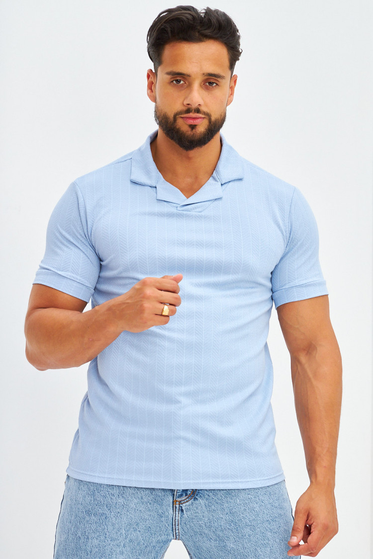 Polo col à rabats motifs chevrons bleu ciel
