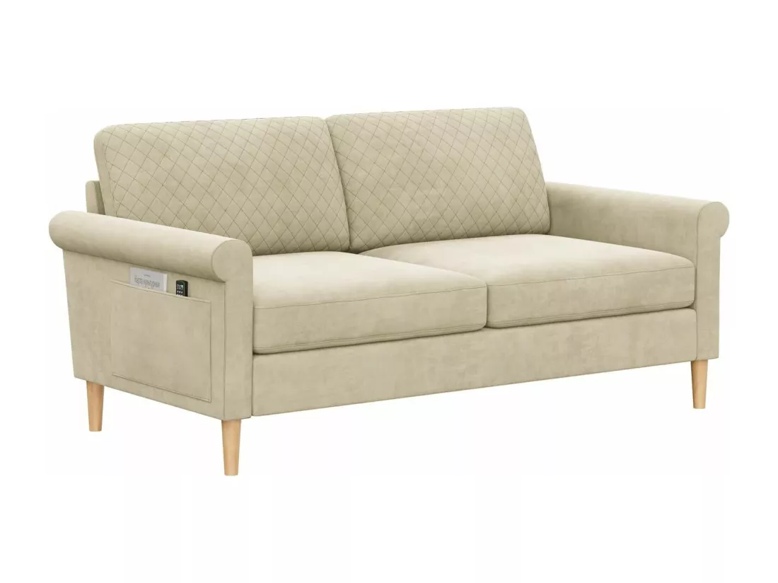 Canapé 2 places confort assise profonde en velours, pieds en bois, 164x76x85cm, Beige