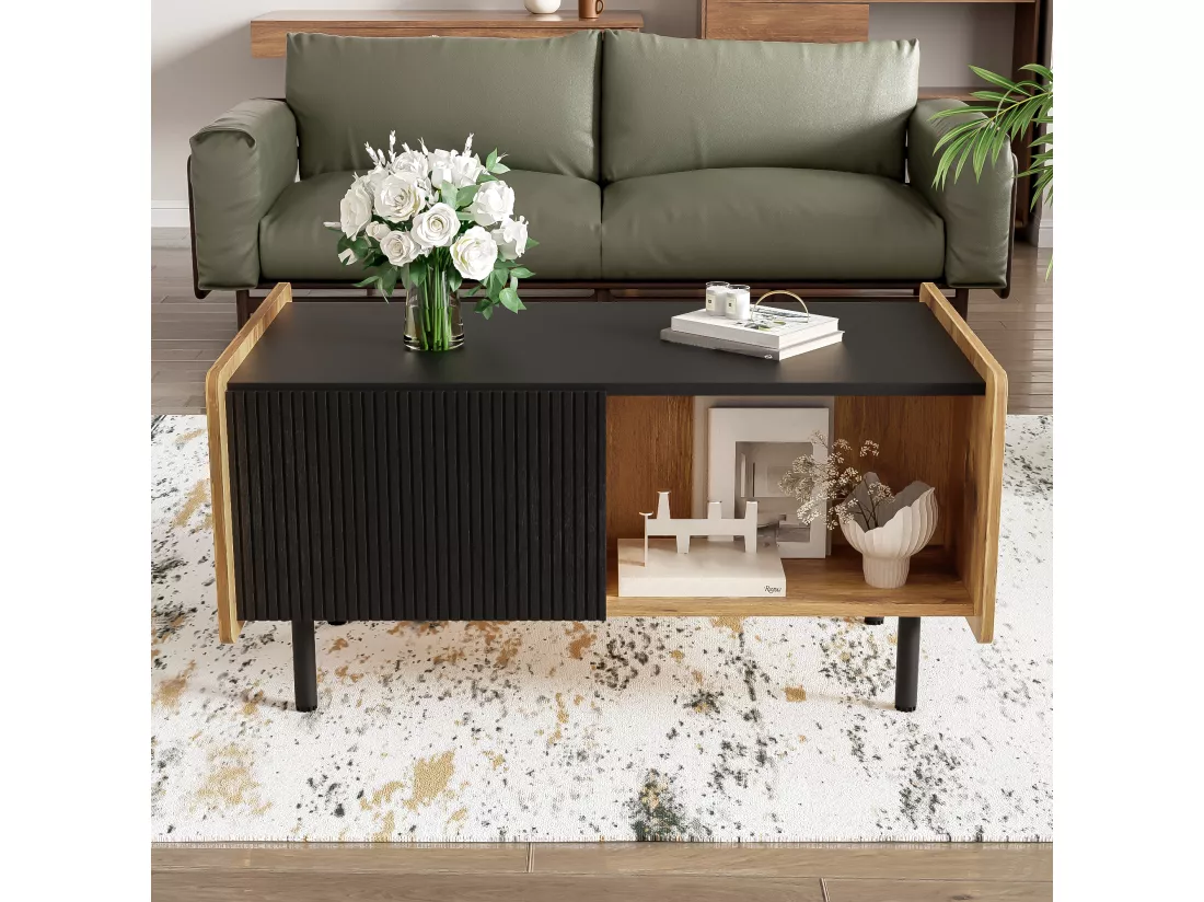 Table basse avec 2 portes et 2 compartiments ouverts - 90 x 55 x 45.5 cm - Panneaux de particules et MDF - Noir et bois