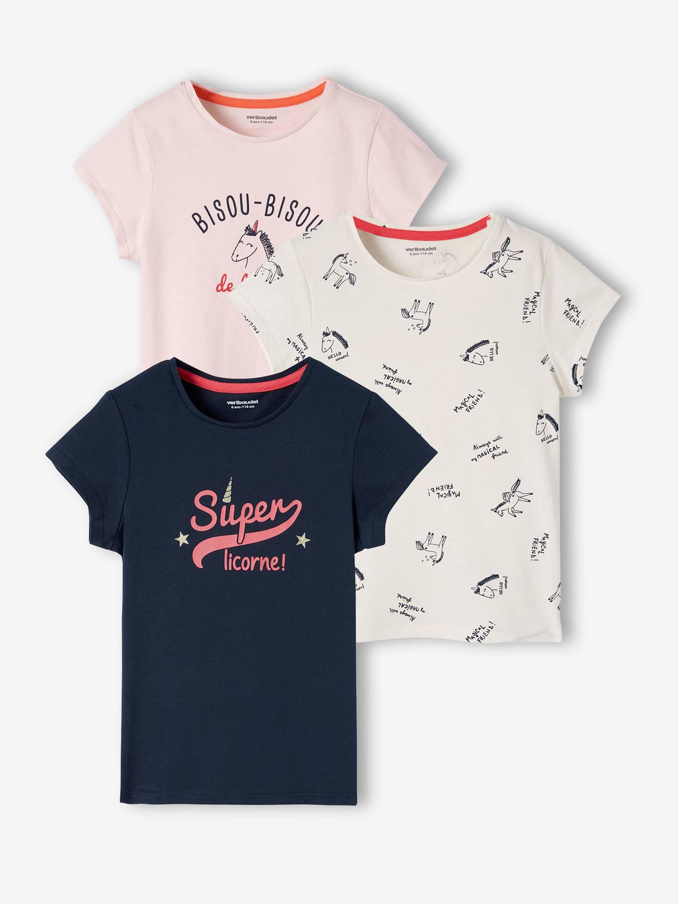 Conjunto de 3 camisetas sortidas com detalhes iridescentes, para meninas, cor damasco.