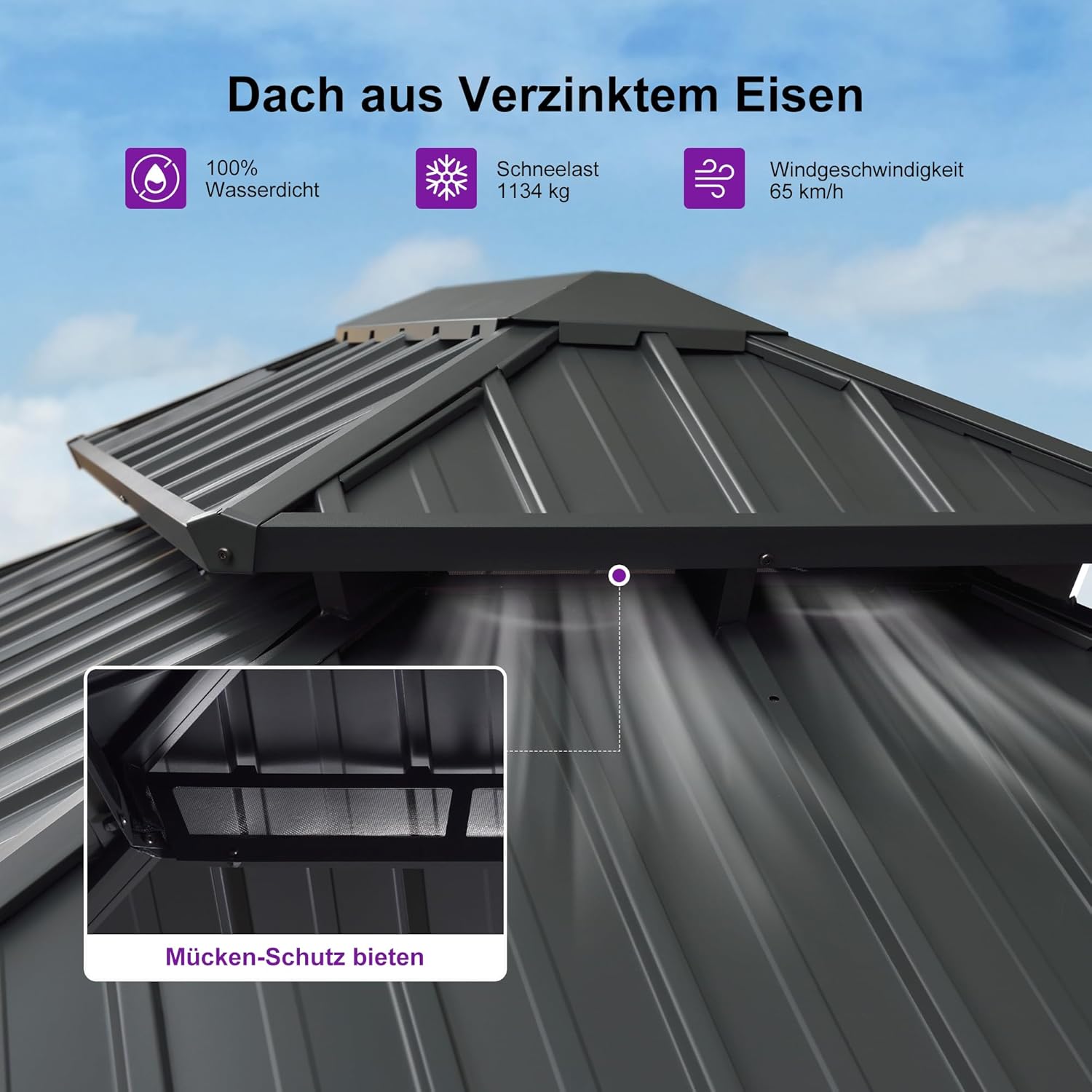 PURPLE LEAF Alu Pavillon 3 x 4 m Wasserdicht Stabil Winterfest Gartenpavillon mit Seitenteile Hardtop Pavillon mit Stahldach, Grau