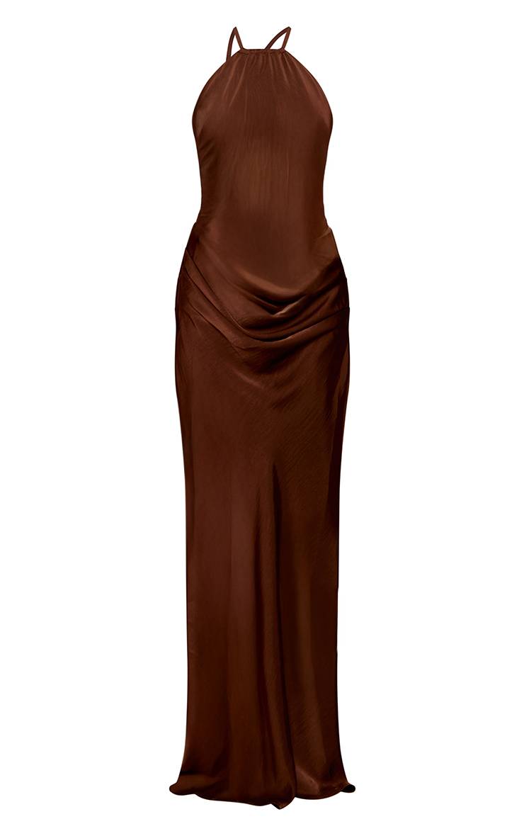 Chocolat Robe Longue Jupe Drapée En Satin Col Licou En Mesh