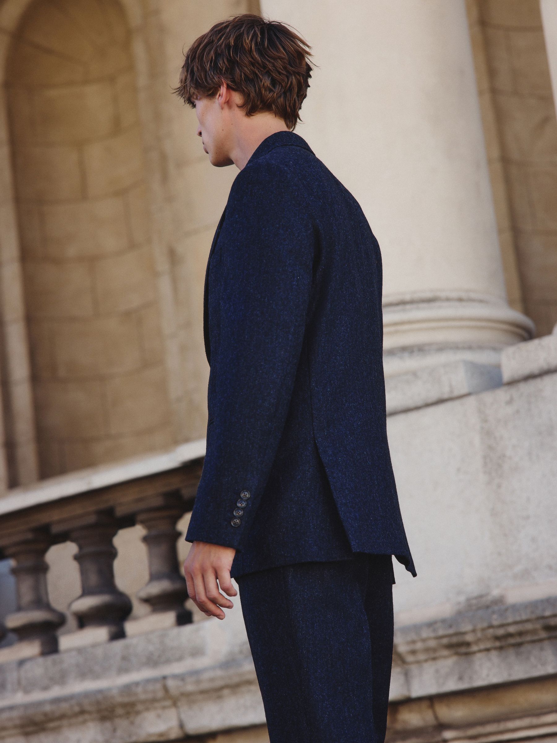 Donkerblauw - Tailored Fit Signature Abraham Moon 100% British Wool Donegal Suit Jacket