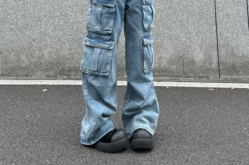 AXEN - Mid Rise Washed Wide Leg Cargo Jeans