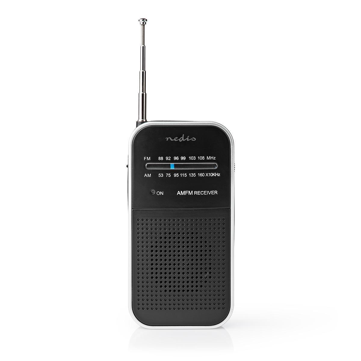 Nedis FM-radio | Bærbar design | AM / FM | Batteri drevet | Analog | 1.5 W | Svart hvit skerm | Hodetelefonutgang | IP20 | Aluminium / Sort