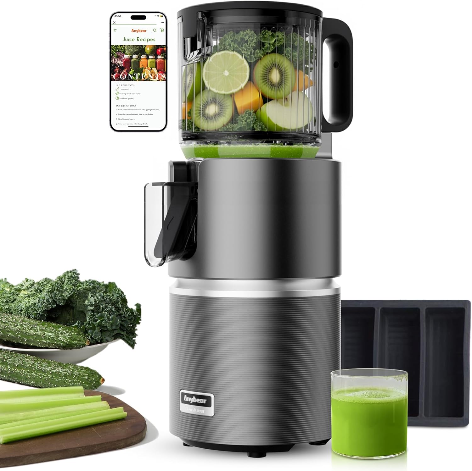 Anybear Entsafter mit 124 mm Einfüllschacht | 350W Slow Juicer mit Doppel-Zerkleinerungstechnologie für Ganze Früchte & Gemüse | Hohe Saftausbeute | BPA-freies Tritan-Material | Mit Saftrezepten(Grau)