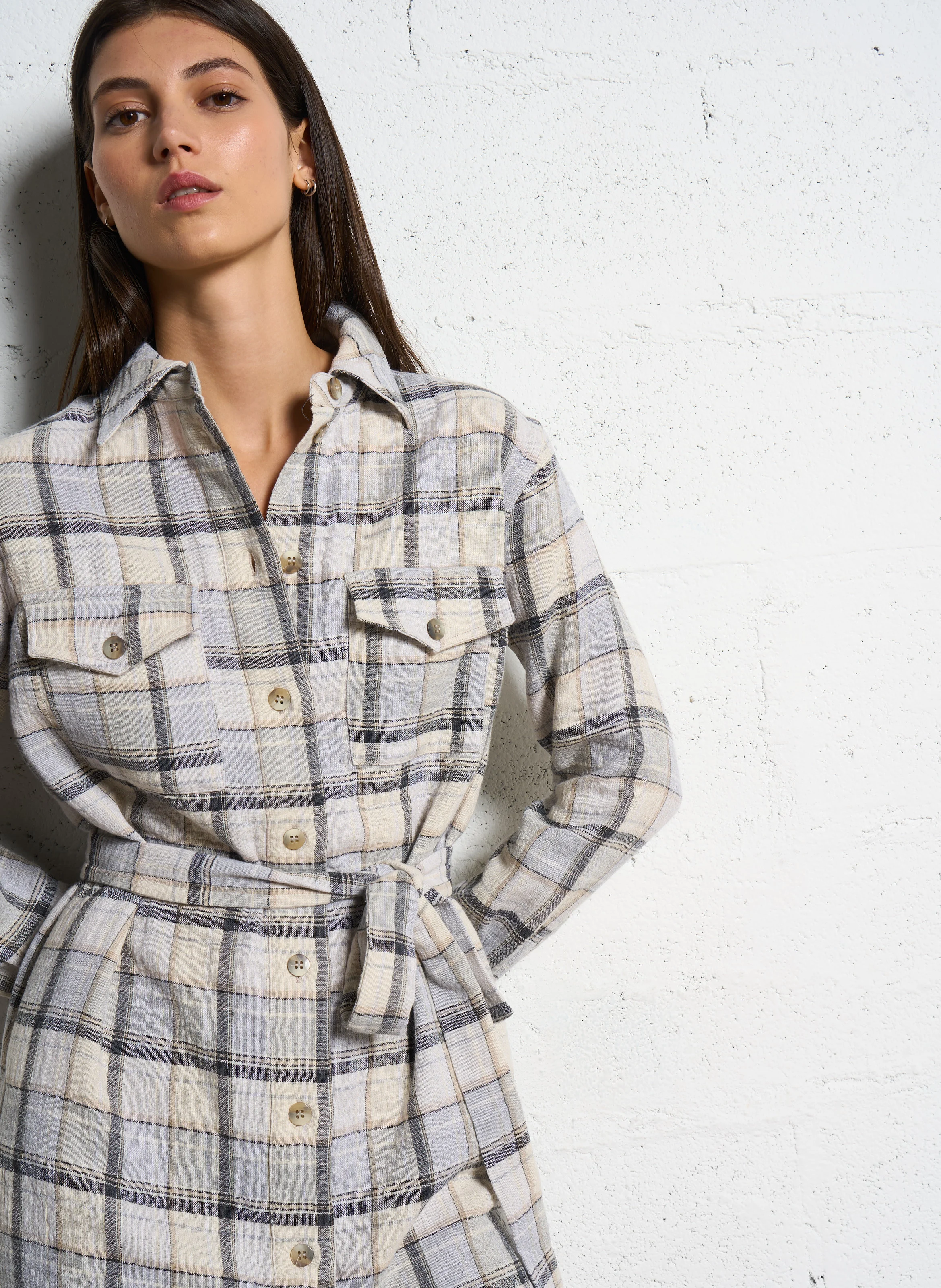 MAUD - Robe chemise droite à carreaux en coton mélangé | Gris