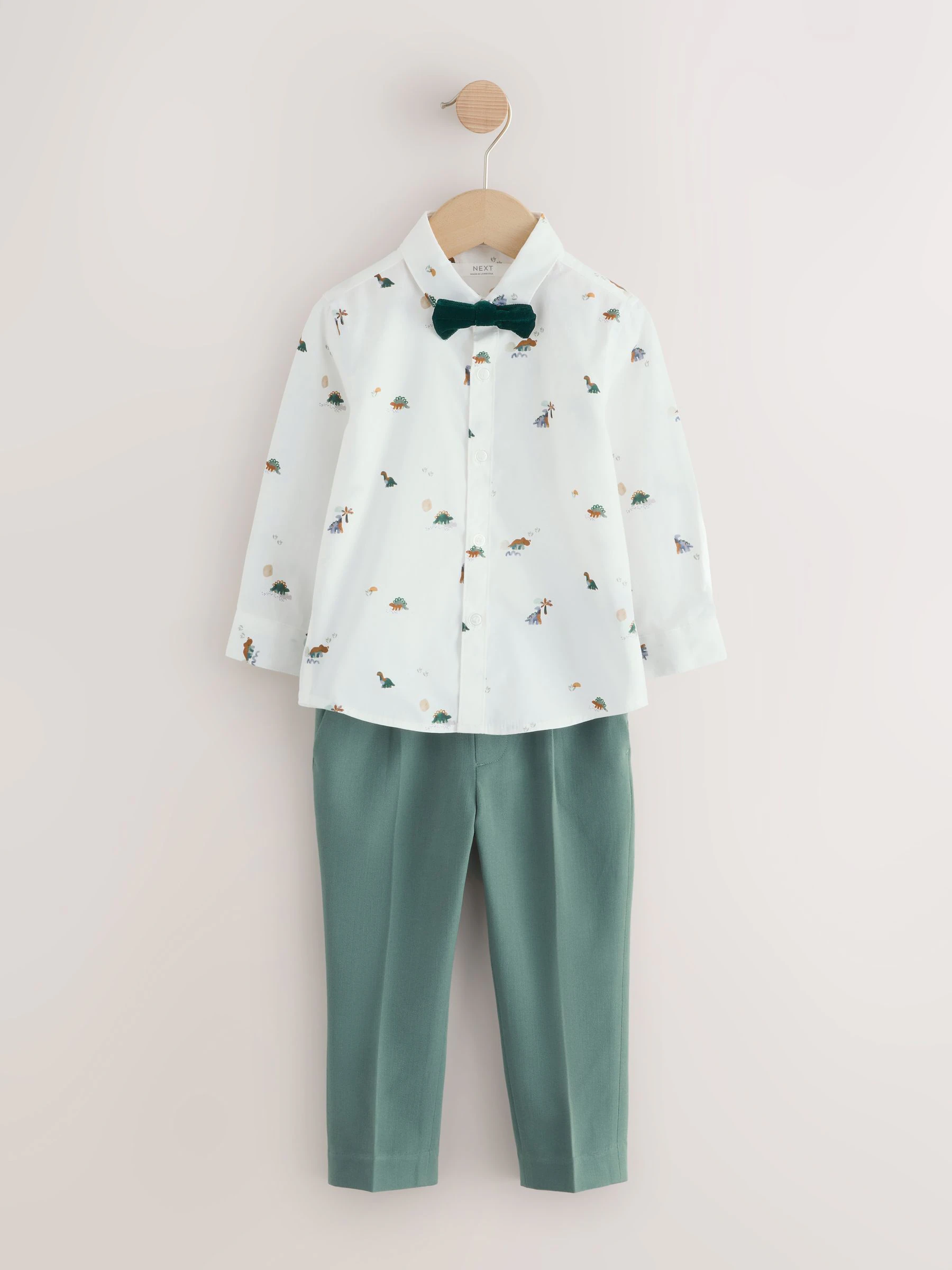 Groen dinosaurus - Set van gilet, overhemd, broek en vlinderdas (3mnd -9jr)