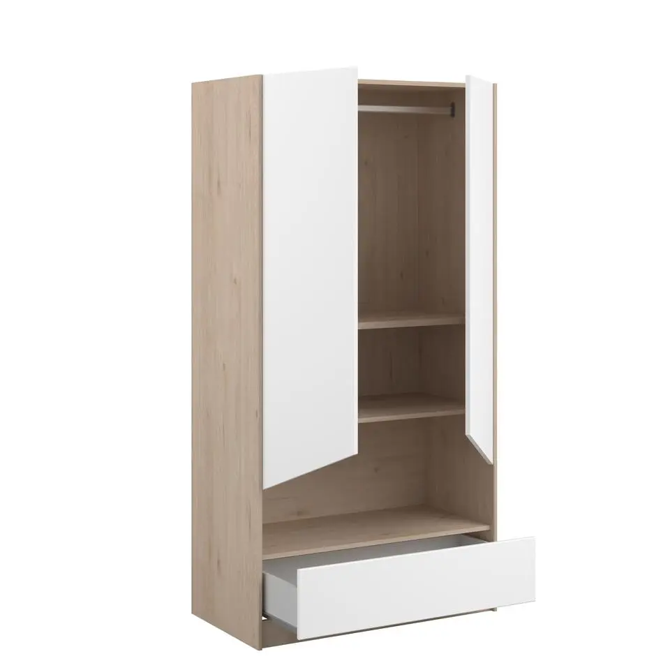 Kledingkast Shelby met 2 deuren en 1 lade - eik/wit