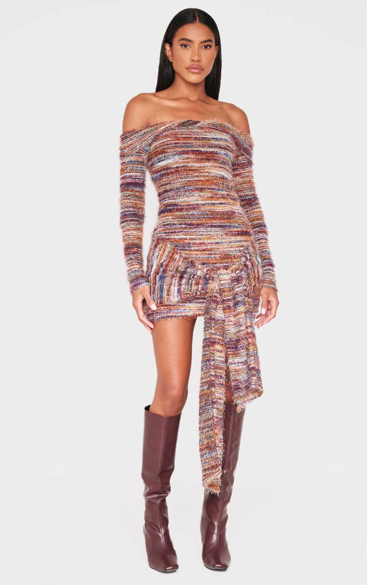 Multicolore Robe Moulante À Épaules Dénudées Avec Détail Drapé Et Texture Brossée