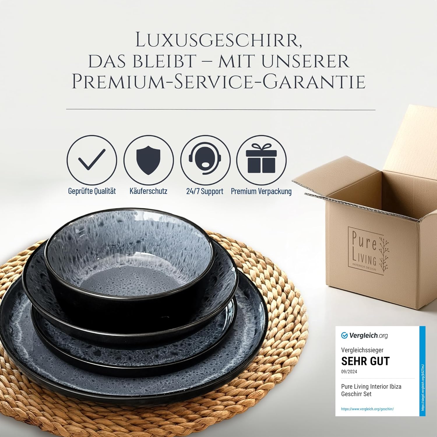 Steingut Geschirrset 6 Personen Ibiza 24 tlg. TESTSIEGER, Traumhaftes Mediterranes Steingut Geschirr Set, Schüssel- und Teller Set, Tafelservice 6 Personen, Geschirrsets Pure Living in Grau