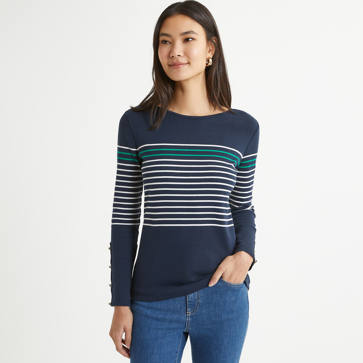 ANNE WEYBURN<br>Camiseta listrada, gola redonda, mangas compridas