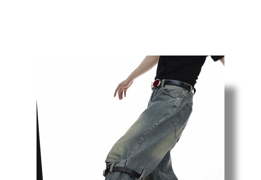 Kooklay - Mid Rise Washed Belted Cutout Wide Leg Jeans