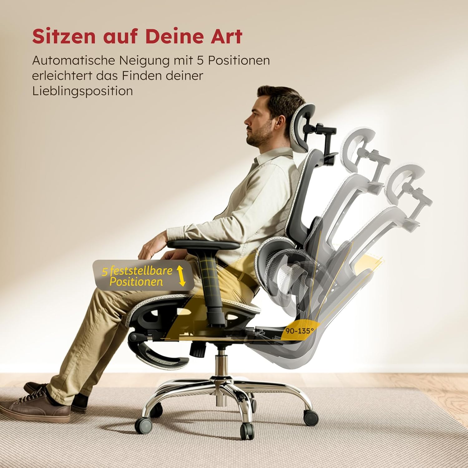 Ergonomischer Bürostuhl Voll-Mesh mit Abnehmbarem Kissen, Fußstütze, Höhenverstellbarem Rückenlehne, Kopfstütze & Armlehnen, Selbstanpassende Lendenstütze, PU-Rollen, 360° Drehbar, 150 kg , Hellgrau