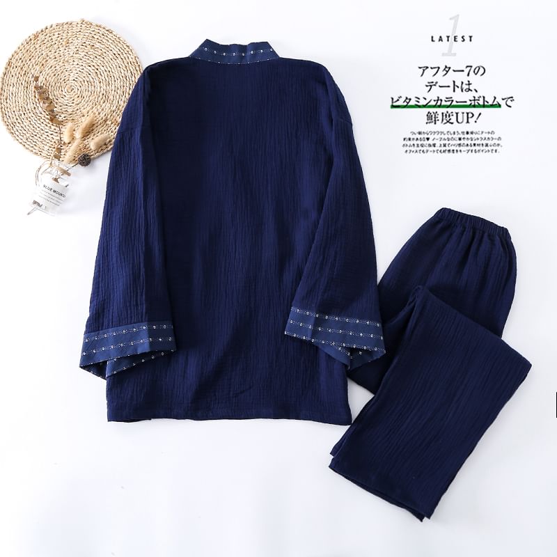 Finlies - Pyjamaset: effen kimonotop met lange mouwen en contrasterende bies + broek